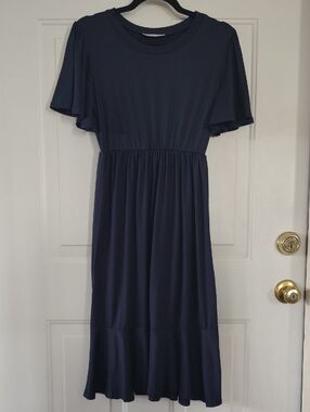 Women's Navy Flutter Sleeve Midi Dress